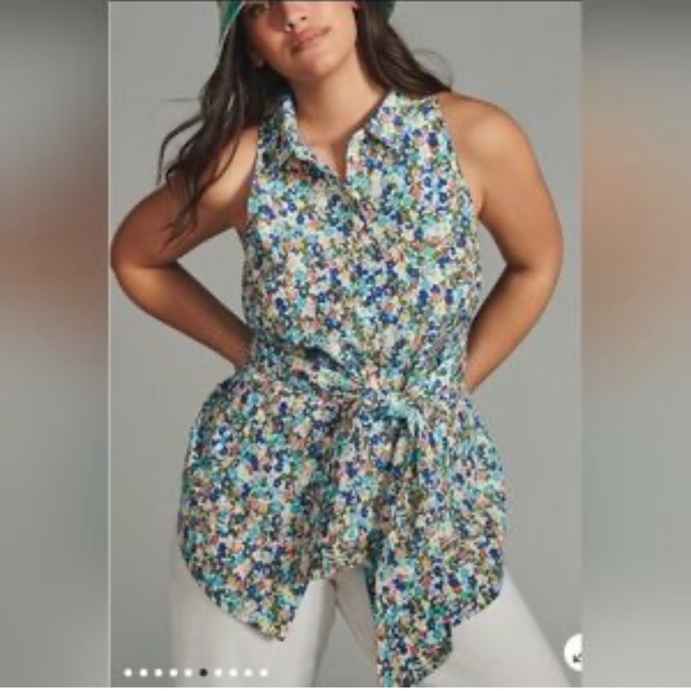 Anthropologie Floral Tie-Waist Blouse - Blue and Green